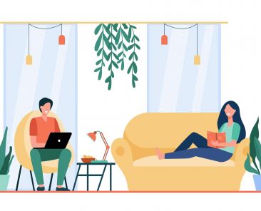 Happy couple resting on sofa and in armchair in living room, reading book, watching movie on laptop. Flat vector illustration for leisure time at home, cozy house concept
