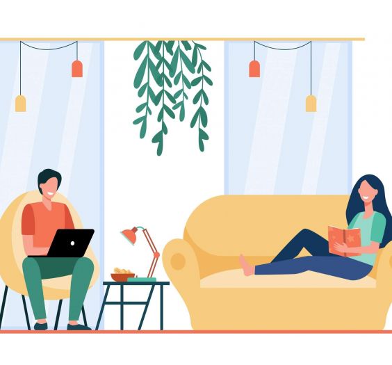Happy couple resting on sofa and in armchair in living room, reading book, watching movie on laptop. Flat vector illustration for leisure time at home, cozy house concept